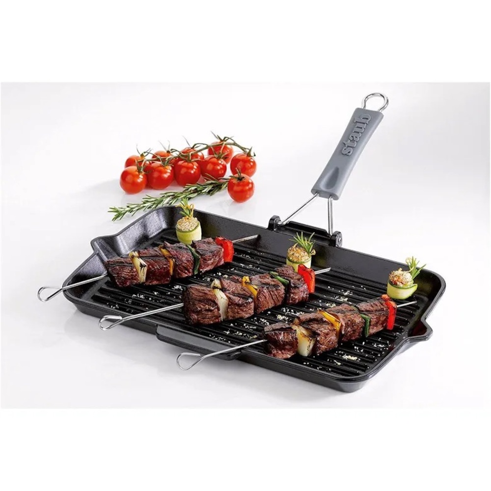 NIB STAUB Cast Iron Black Rectangular Folding Grill with Silicone Handle - Picture 4 of 9